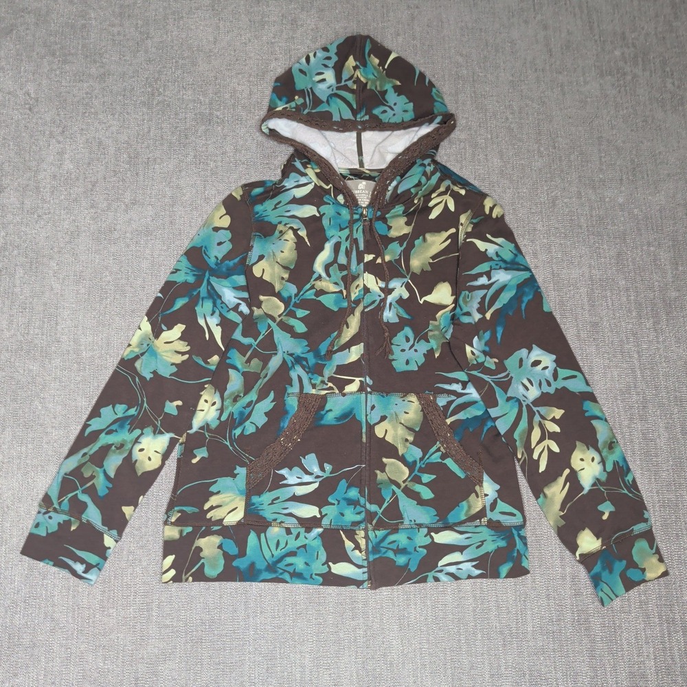 Caribbean Joe Womens Brown Tropical Monstera Leaf Print Zip Up Hoodie Large